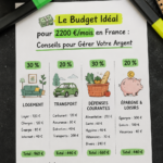 Une femme tenant un ordinateur portable et des notes, réfléchissant à son budget mensuel de 2200 €.