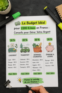 Une femme tenant un ordinateur portable et des notes, réfléchissant à son budget mensuel de 2200 €.