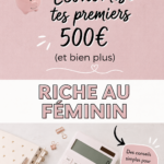 Femme souriante montrant une tirelire avec 500€