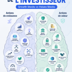 Femme examinant des graphiques boursiers sur un ordinateur, symbolisant les investissements en actions de croissance et de valeur