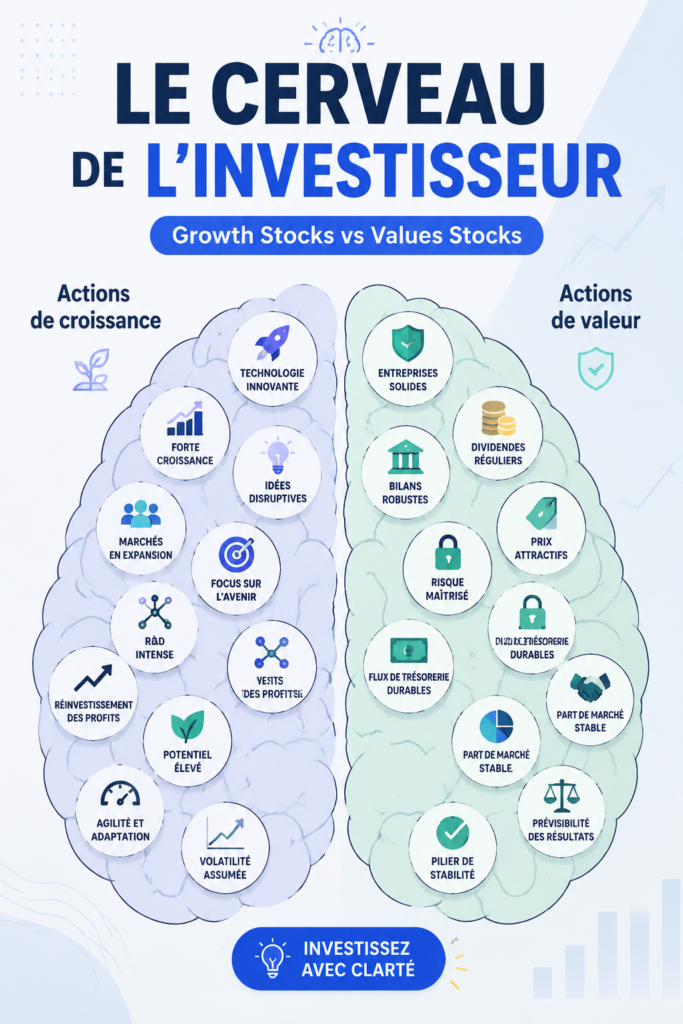 Femme examinant des graphiques boursiers sur un ordinateur, symbolisant les investissements en actions de croissance et de valeur