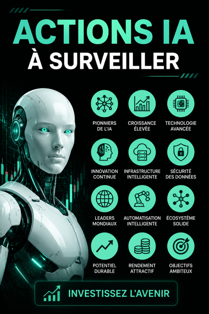 Illustration d'actions boursières avec des graphiques d'intelligence artificielle en fond.