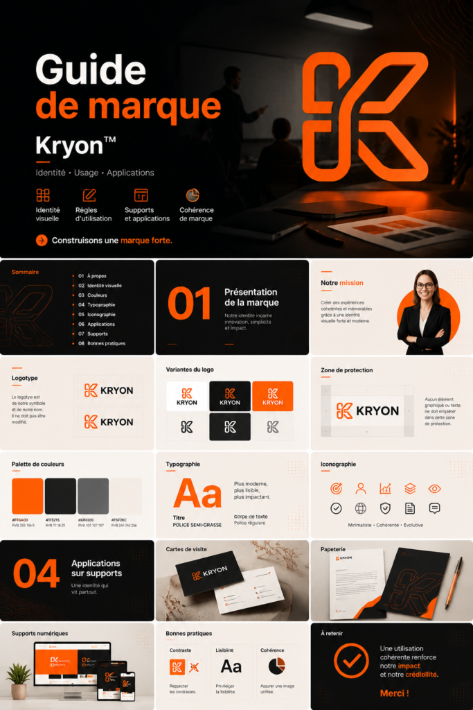 Image de l'identité visuelle de la marque Kryon™, illustrant des éléments de design et de communication.