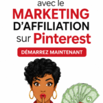 Une femme utilisant Pinterest pour le marketing d'affiliation devant son ordinateur, souriante et inspirée.