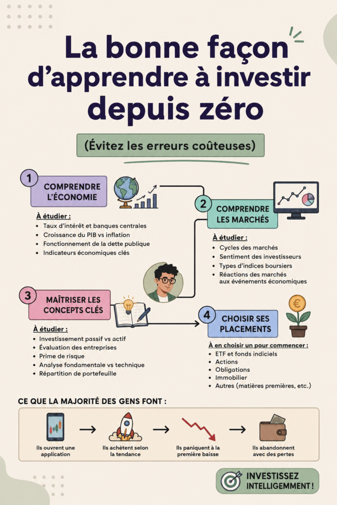 Femme en train de lire un livre sur l'investissement, symbolisant l'apprentissage financier.