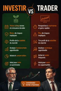 Femme réfléchissant entre investissement et trading, avec des graphiques financiers en arrière-plan.