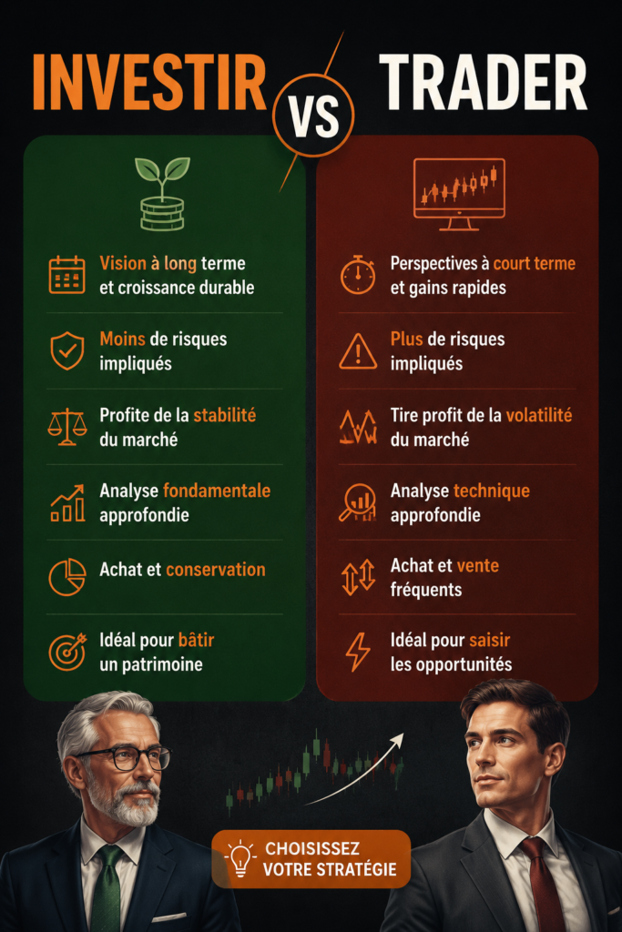 Femme réfléchissant entre investissement et trading, avec des graphiques financiers en arrière-plan.