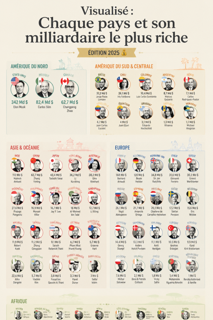 Portrait collage des milliardaires les plus riches de chaque pays en 2025.
