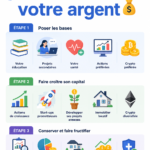 Femme pensant à ses investissements financiers avec des graphiques en arrière-plan.