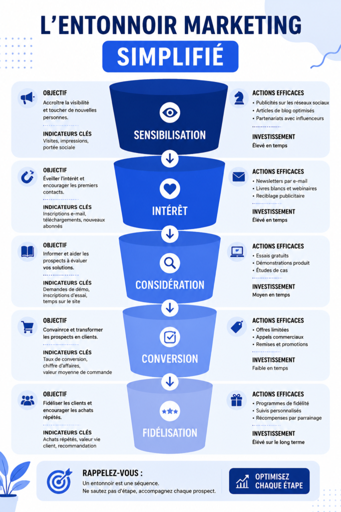 Illustration d'un funnel marketing avec des étapes clés