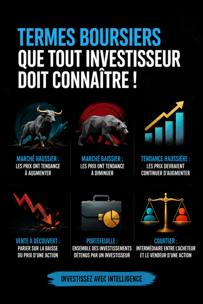 Un livre ouvert avec des termes boursiers sur une table, représentant l'éducation financière.
