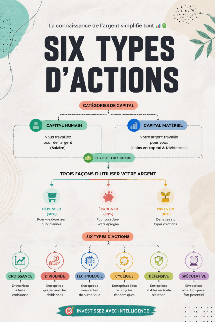 Graphique montrant les différents types d'actions en bourse pour les investisseurs.