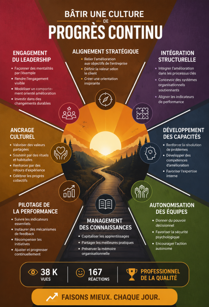 Illustration d'une équipe travaillant ensemble sur des techniques d'amélioration continue