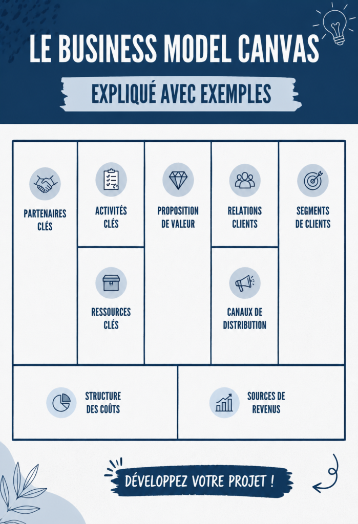 Une illustration colorée du Business Model Canvas expliquant ses neuf blocs.