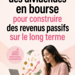 Illustration d'une femme examinant des graphiques financiers et des dividendes d'actions.