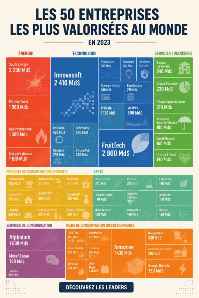 Graphique représentant les 50 entreprises les plus précieuses au monde en 2023.