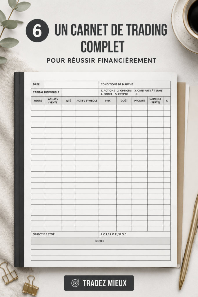 Femme écrivant dans son journal de trading, concentrée sur ses objectifs financiers
