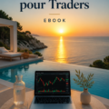 Couverture sur la psychologie du trading avec un graphique de performance et une femme inspirée