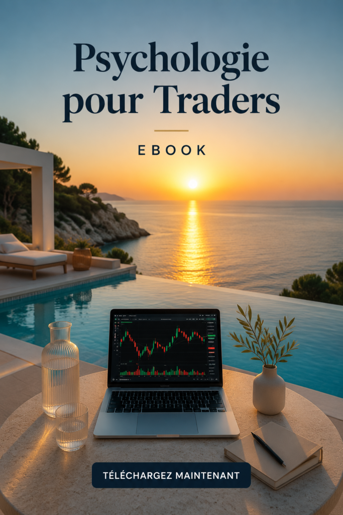 Couverture sur la psychologie du trading avec un graphique de performance et une femme inspirée
