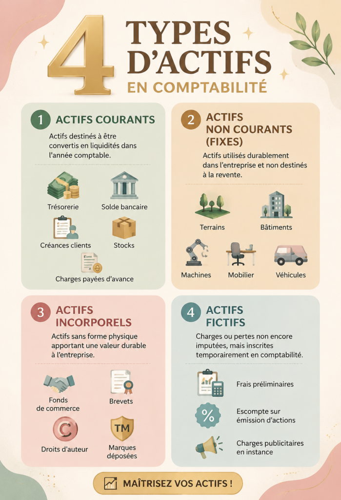 Différents types d'actifs en comptabilité, y compris actifs courants et non courants.