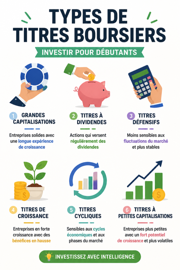 Illustration des différents types d'actions à investir pour débutants.