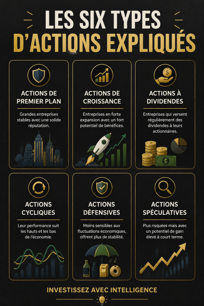 Illustration des 6 types d'actions pour l'investissement