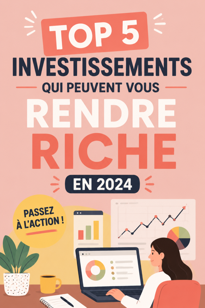 Cinq investissements clés pour devenir riche en 2024, illustrés par une femme dynamique et confiante.