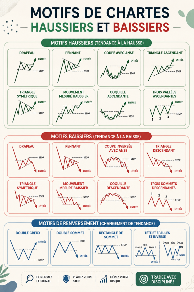 Un graphique financier affichant des tendances haussières et baissières, illustrant des modèles d'investissement.