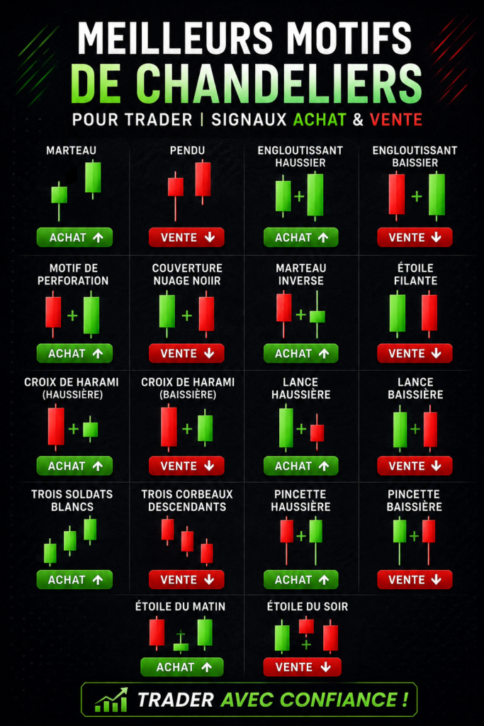 Un graphique de trading illustrant divers patterns de chandeliers adaptés aux femmes investissant.