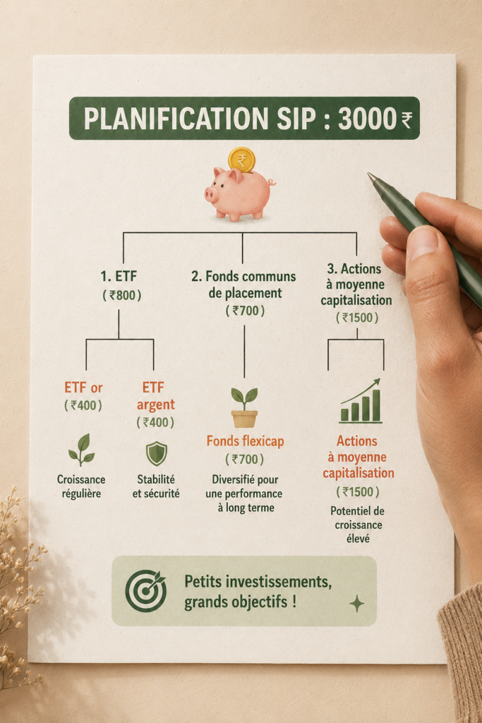 Femme souriante examinant ses options d'investissement SIP avec 3000 euros.