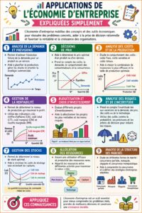 Visualisation des applications de l'économie d'entreprise, montrant des graphiques et des exemples concrets.