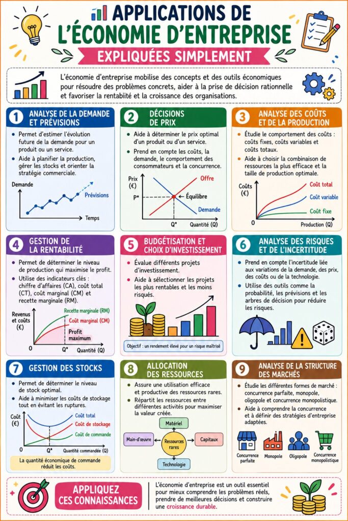 Visualisation des applications de l'économie d'entreprise, montrant des graphiques et des exemples concrets.