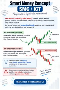 Illustration d'un graphique financier avec des symboles de l'argent, représentant le Concept Smart Money en investissement.