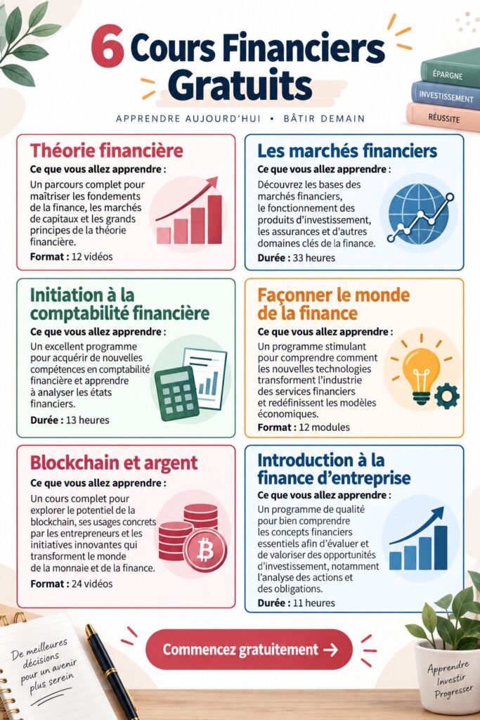 Femme souriante apprenant sur son ordinateur, avec des ressources financières en ligne