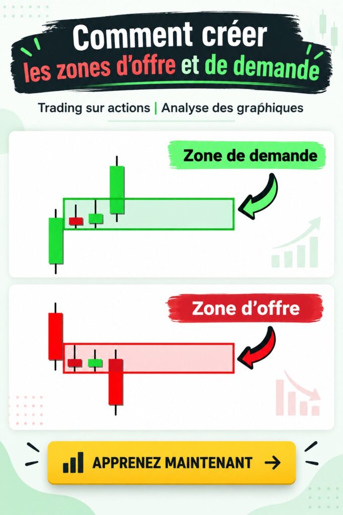Illustration d'une analyse graphique montrant des zones d'offre et de demande en trading.