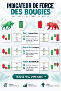 Analyse d'une bougie sur un graphique de trading, symbolisant la force des mouvements financiers.