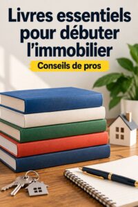 Une pile de livres sur l'immobilier avec des notes et un café, représentant les ressources incontournables pour investisseur.