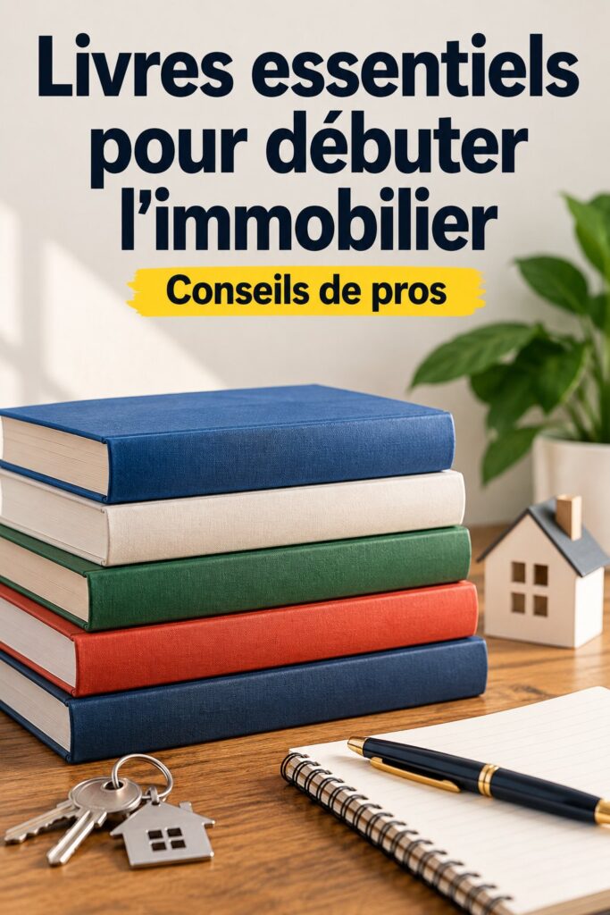 Une pile de livres sur l'immobilier avec des notes et un café, représentant les ressources incontournables pour investisseur.