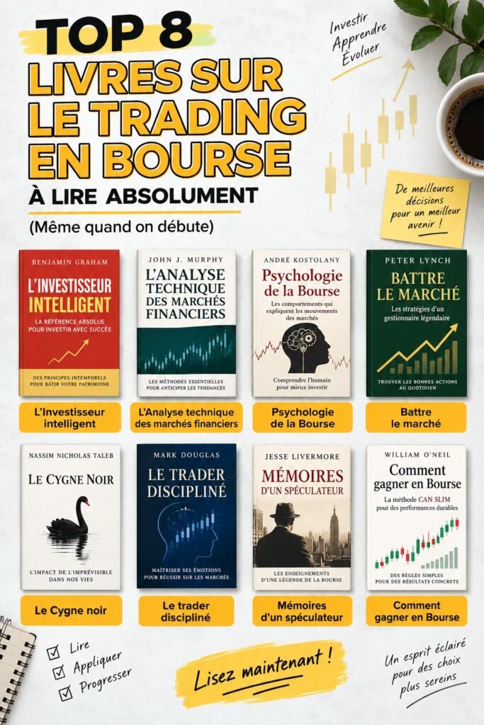 Couverture d'un livre sur le trading boursier, avec des graphiques et des annotations.