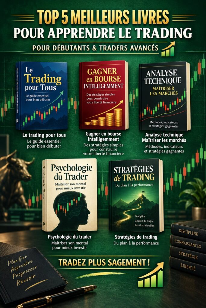 Couverture d'un livre sur le trading avec des graphiques financiers en arrière-plan.