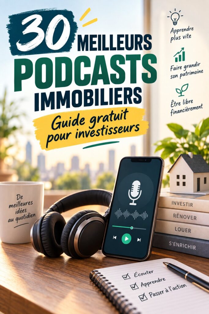 Des femmes écoutent des podcasts sur l'investissement immobilier, entourées de livres et notes.