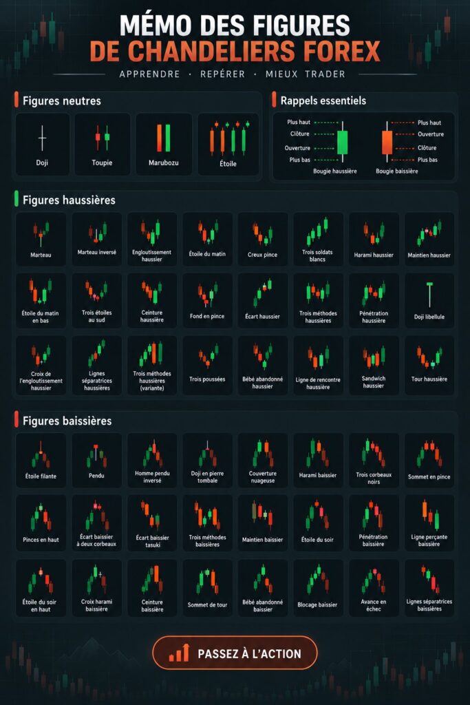 Illustration de différents modèles de chandeliers Forex sur un graphique de trading.