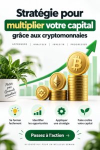 Illustration de stratégies d'investissement en crypto-finances avec graphiques et symboles de cryptomonnaies