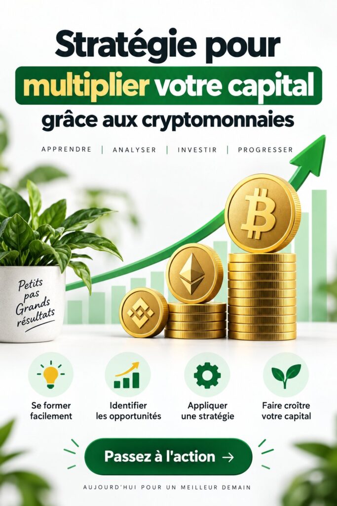 Illustration de stratégies d'investissement en crypto-finances avec graphiques et symboles de cryptomonnaies
