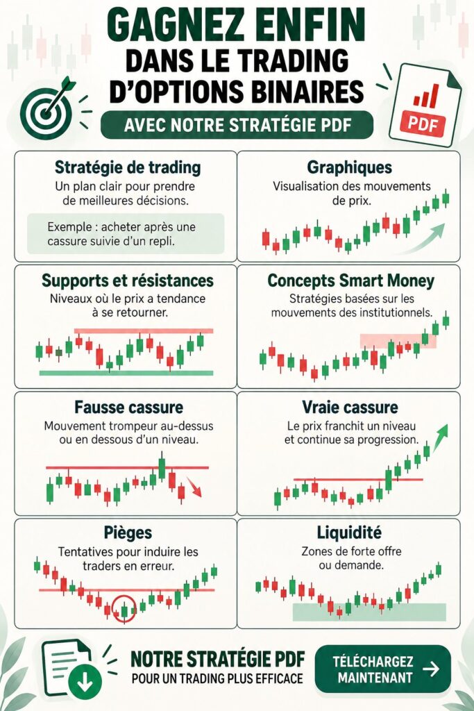 Femme souriante consultant un guide de trading aux couleurs chaleureuses.