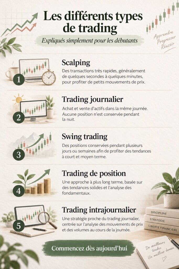 Un graphique avec différents types de trading illustrant la diversité des choix pour les investisseurs débutants.