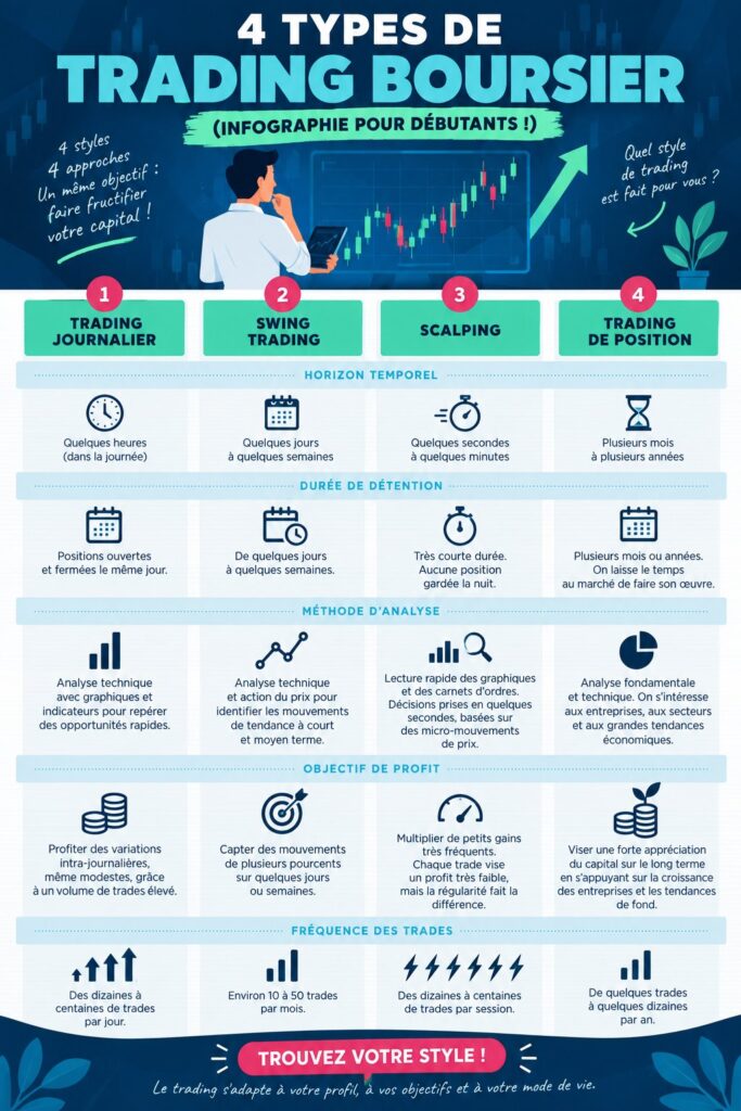 Infographie présentant les différents types de trading pour débutants
