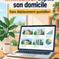 Femme gérant son portefeuille immobilier depuis son salon.