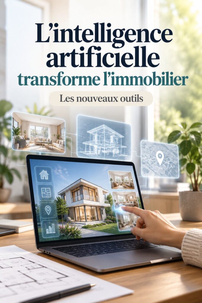 Image montrant une maison moderne avec des éléments technologiques et l'IA dans l'immobilier