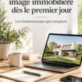 Une femme d'affaires souriante qui présente sa marque immobilière dans un bureau élégant.